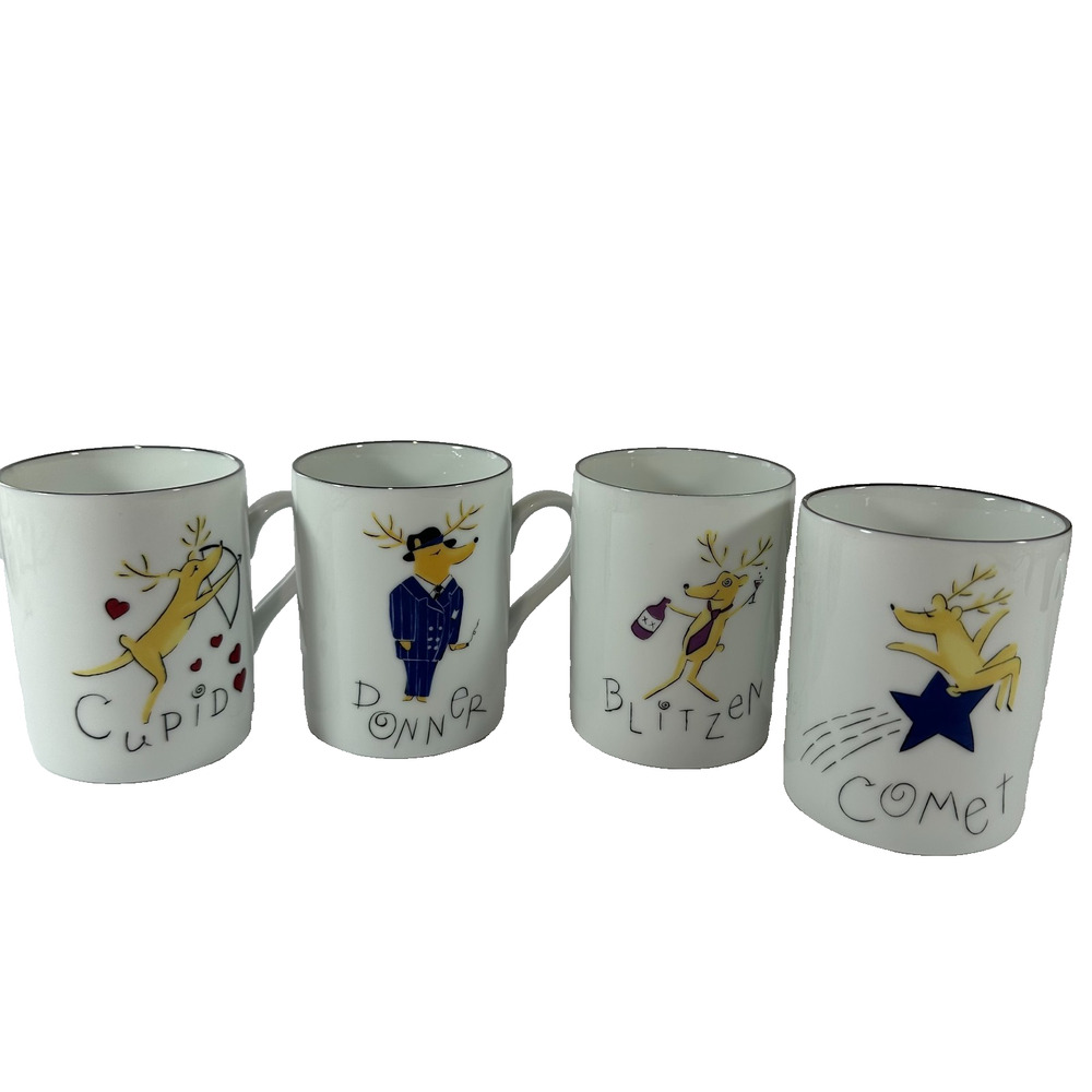 Set of 4 Pottery Barn Reindeer Mugs Made In Japan‎ Donner, Cupid, Blitzen, Comet